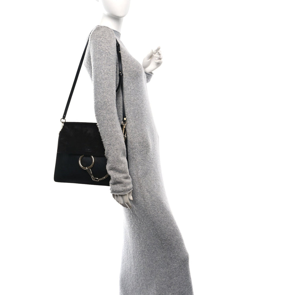 Suede Calfskin Medium Faye Shoulder Bag Black
