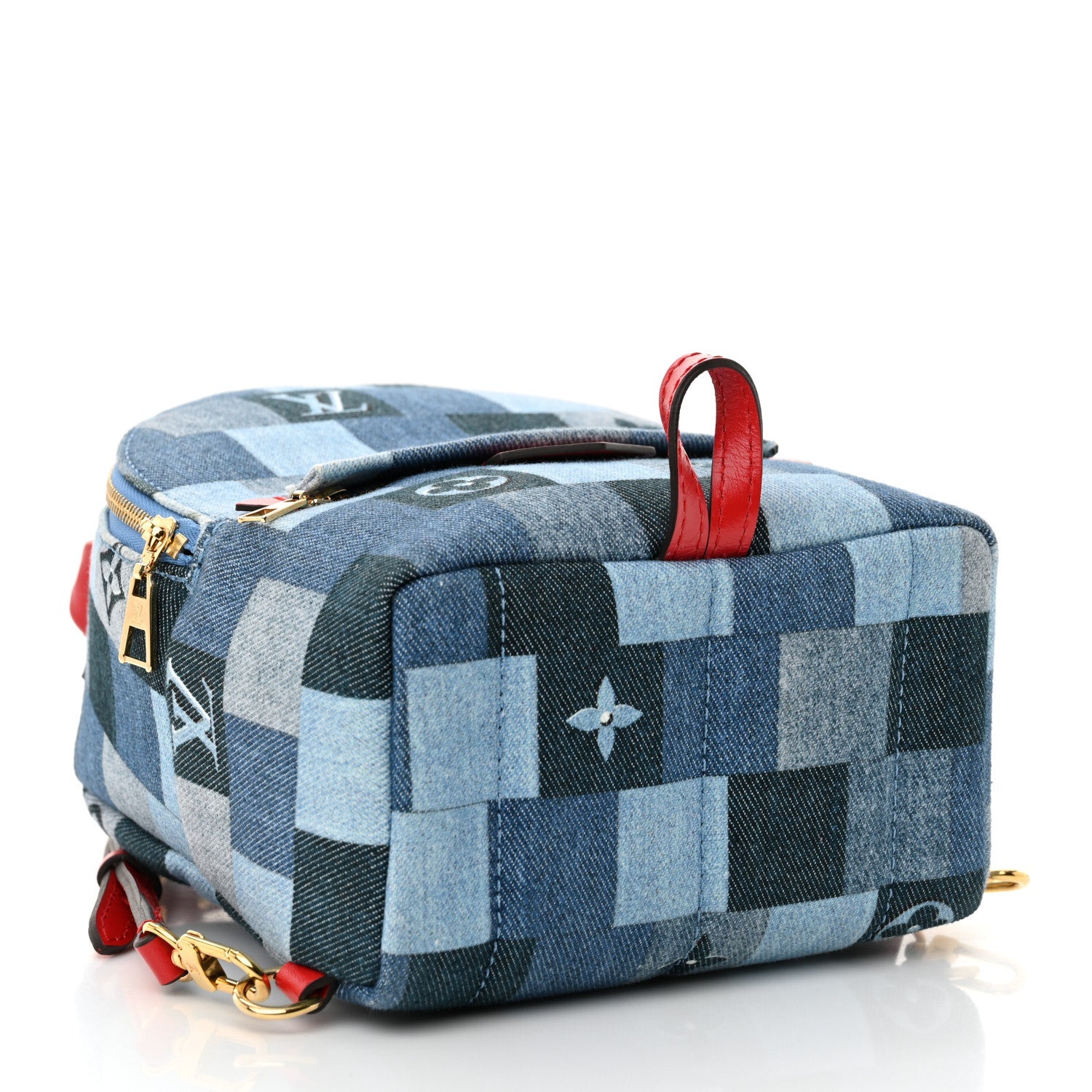 Denim Damier Monogram Patchwork Palm Springs Backpack Mini Blue Rouge