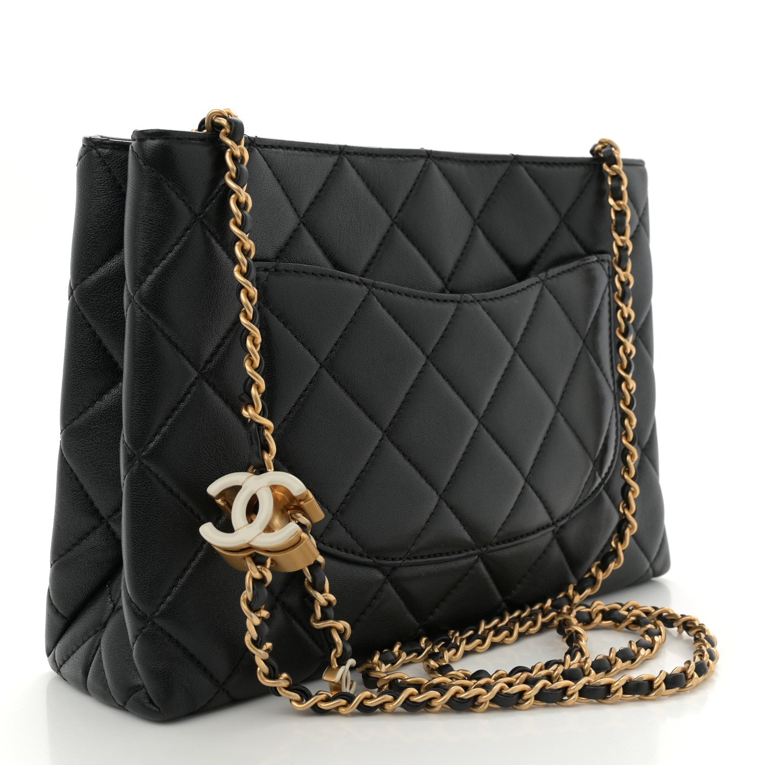 Shiny Lambskin Quilted Enamel CC Shoulder Bag Black