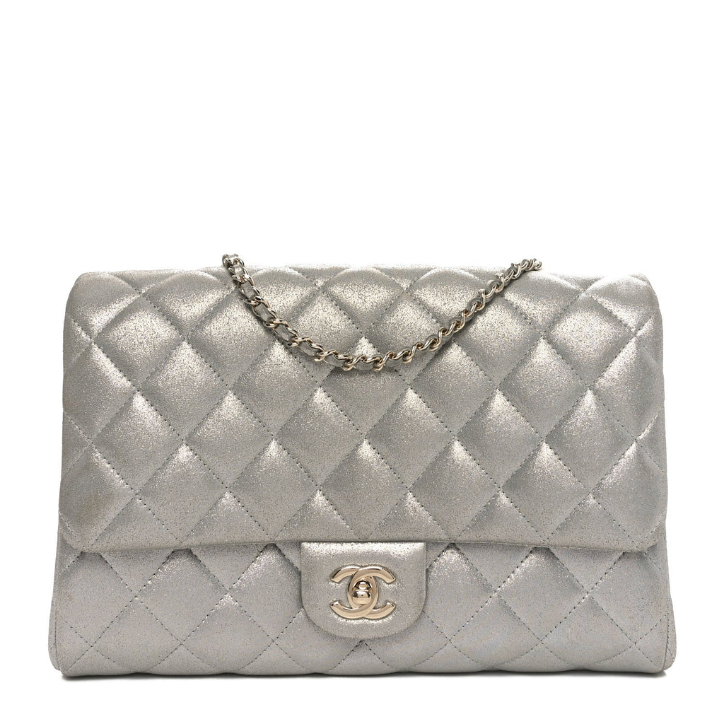 Iridescent Calfskin Quilted Clutch With Chain Flap Silver