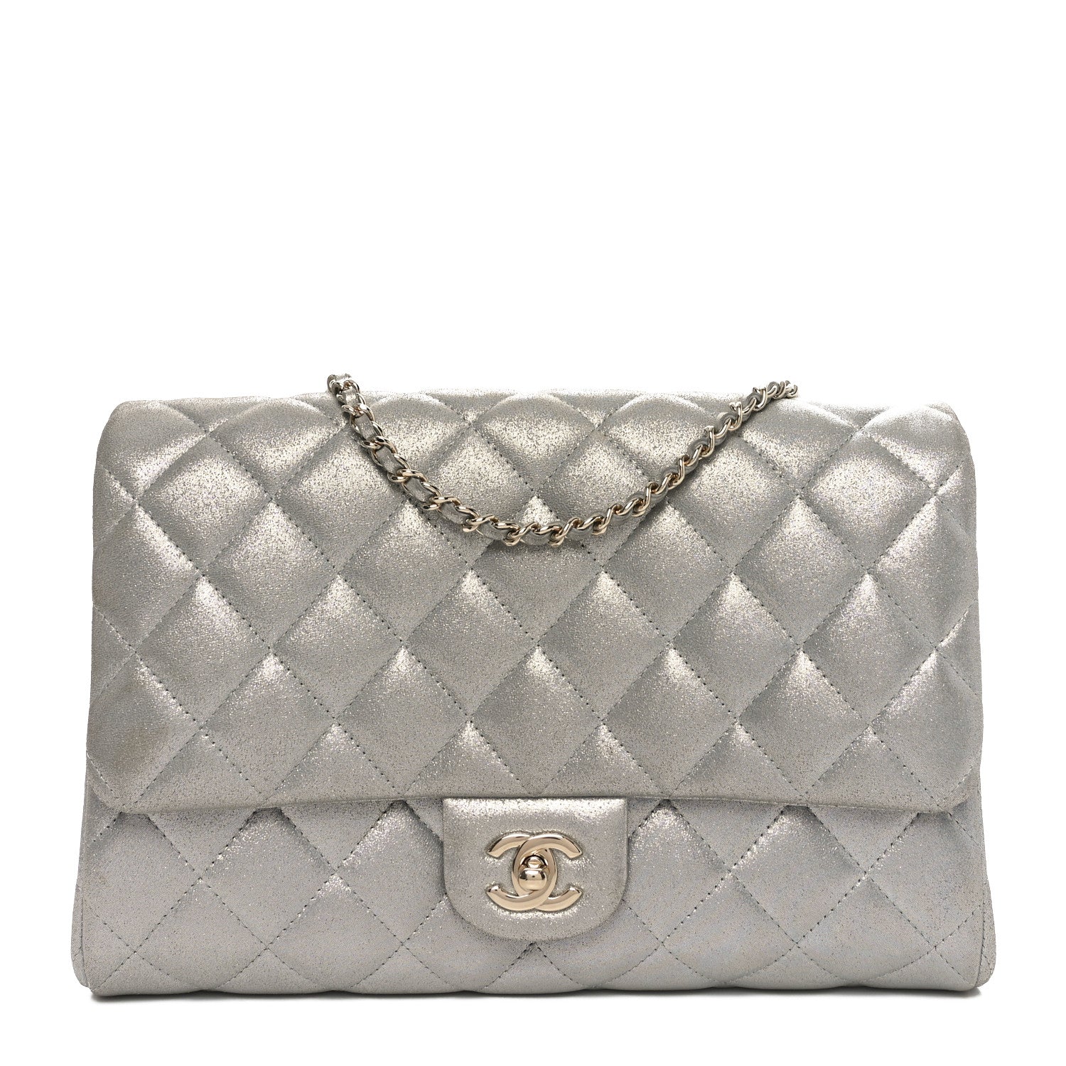 Iridescent Calfskin Quilted Clutch With Chain Flap Silver