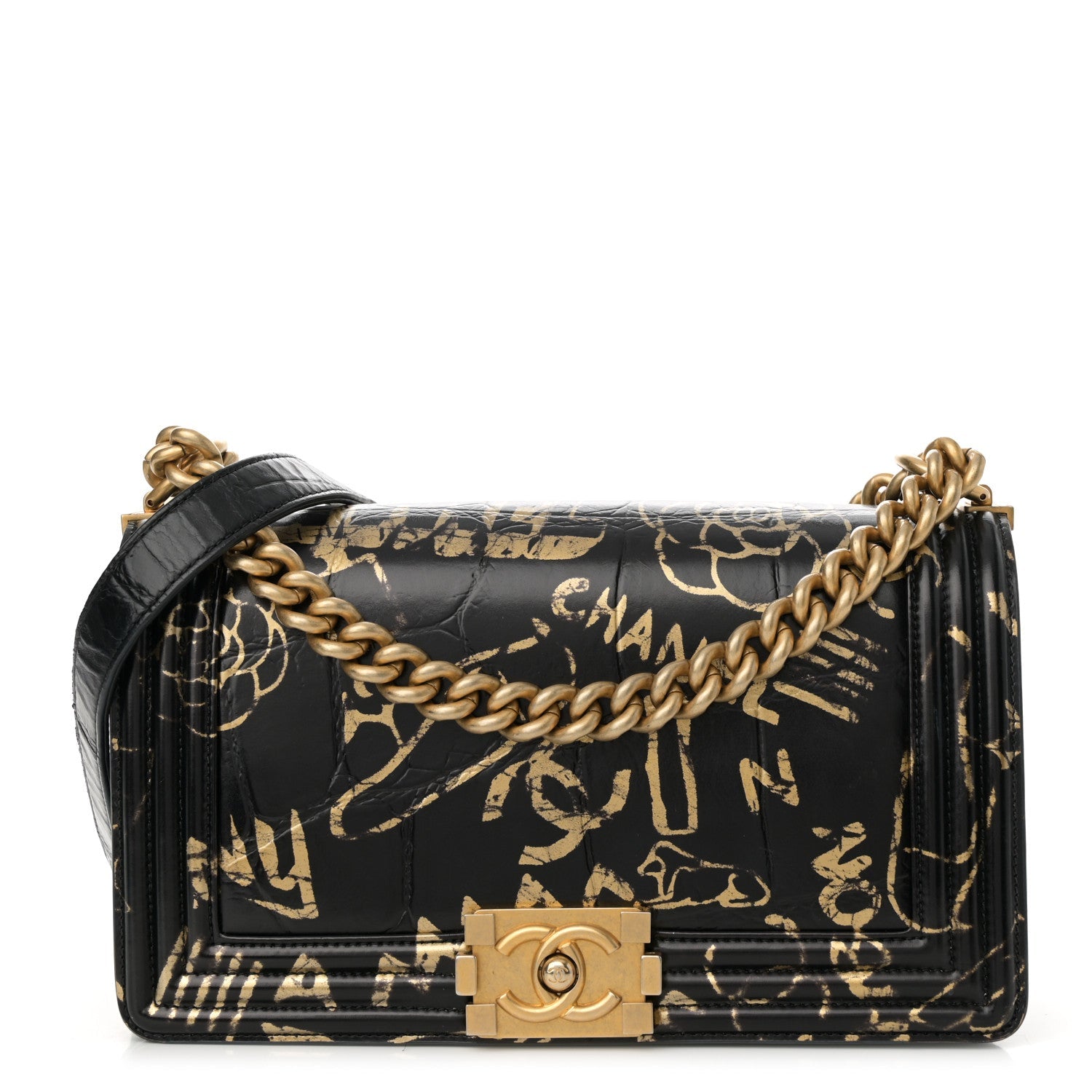 Calfskin Crocodile Embossed Graffiti Cocodile Medium Boy Flap Black Gold