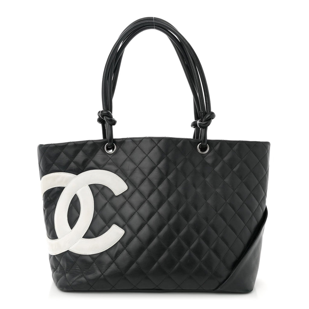 Calfskin Quilted Large Cambon Tote Black White