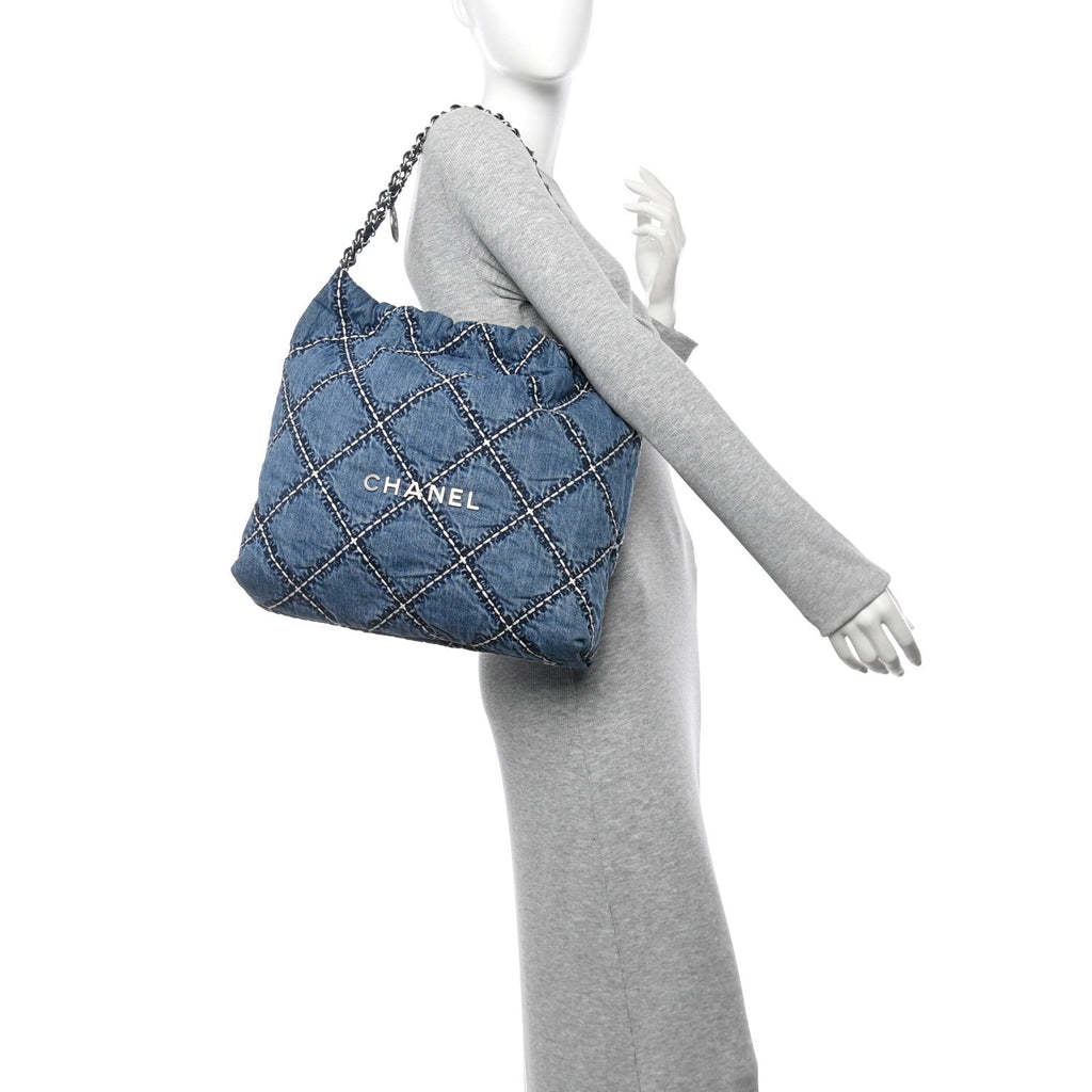 Denim Quilted Stitched Small Chanel 22 Blue