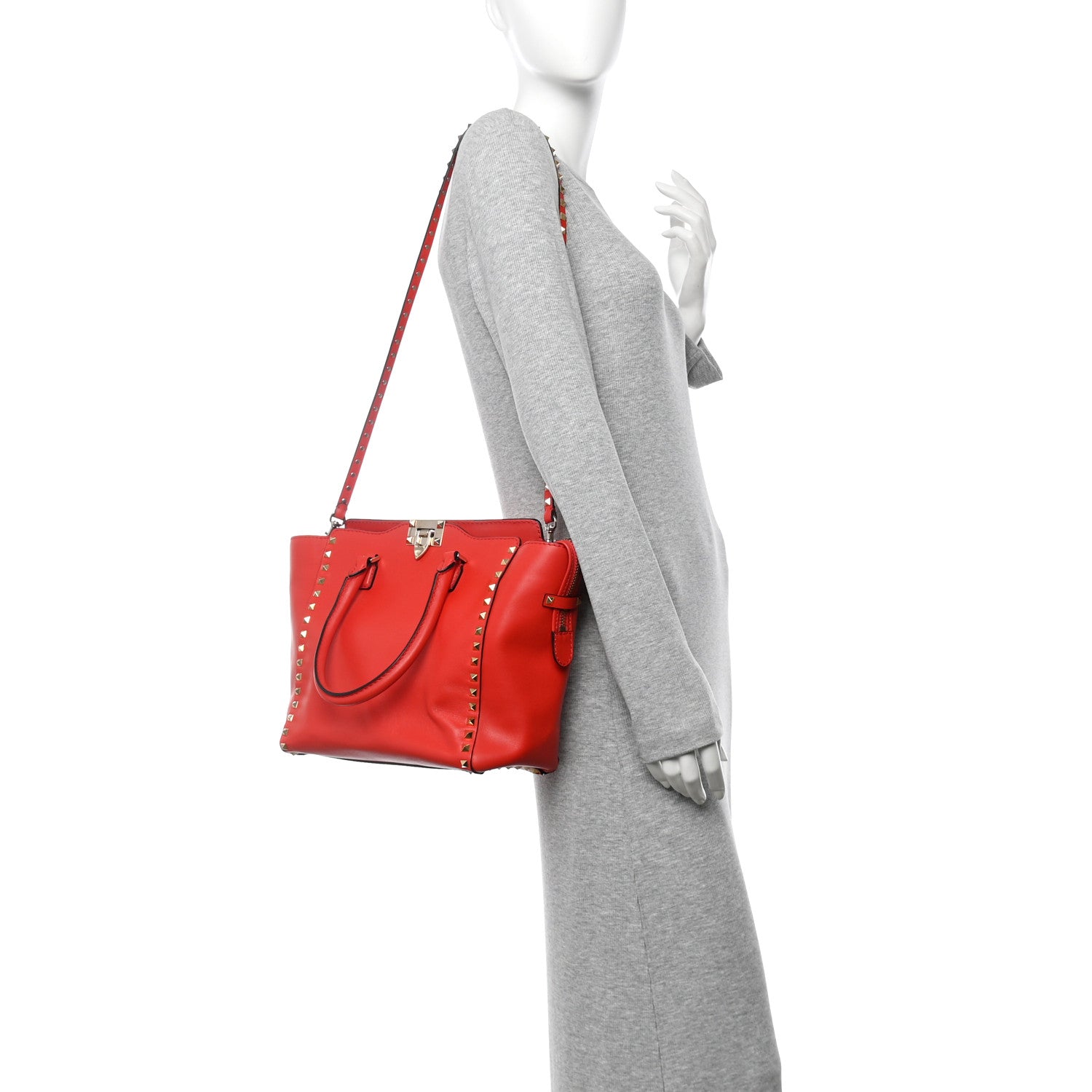 Vitello Rockstud Double Handle Tote Deep Orange