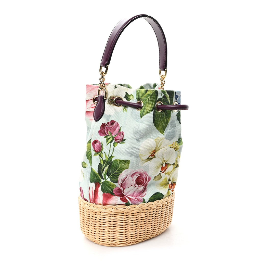 Wicker Canvas Floral Print Millennials Bucket Bag Multicolor