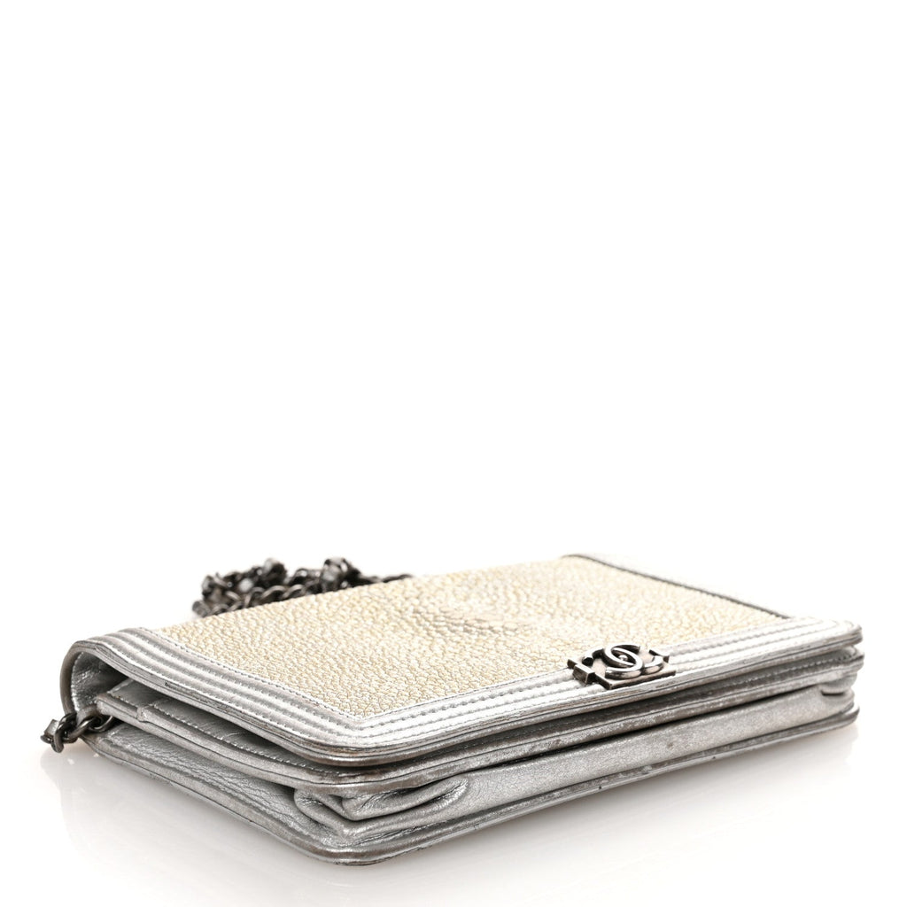 Metallic Galuchat Stingray Lambskin Boy Wallet On Chain WOC Silver