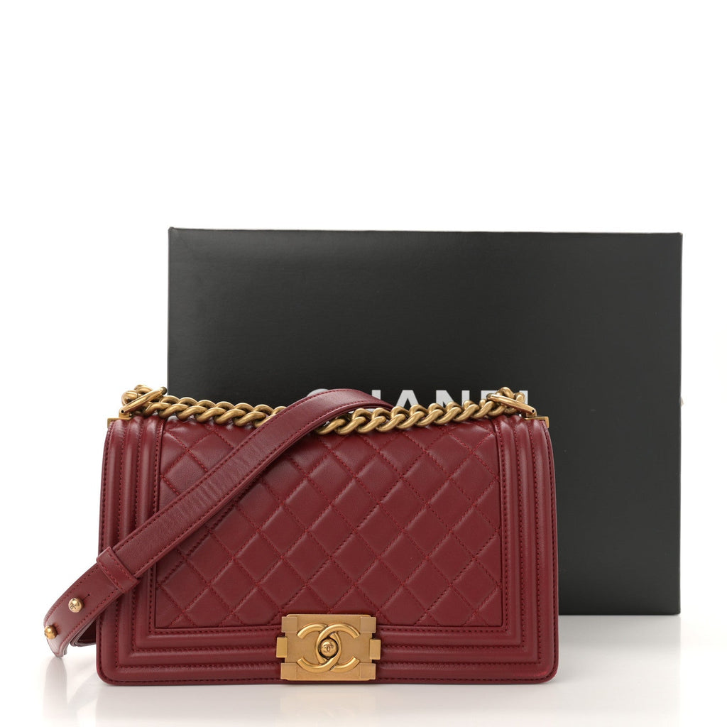 Lambskin Quilted Medium Boy Flap Dark Red