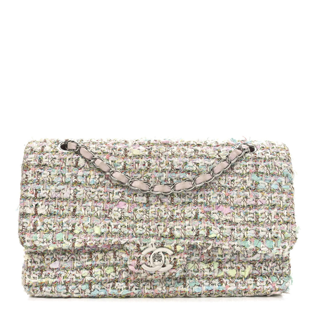 Tweed Quilted Medium Double Flap Light Pink Multicolor