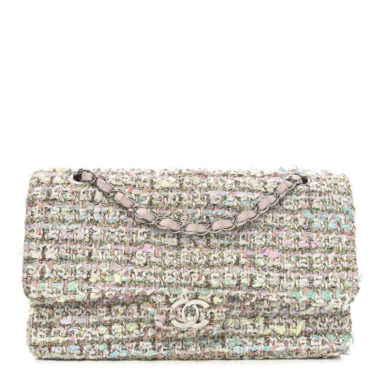 Tweed Quilted Medium Double Flap Light Pink Multicolor