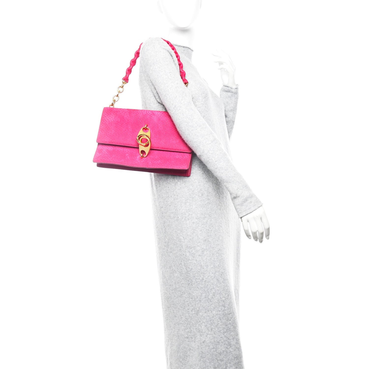 Suede Large Clip Shoulder Bag Hot Pink