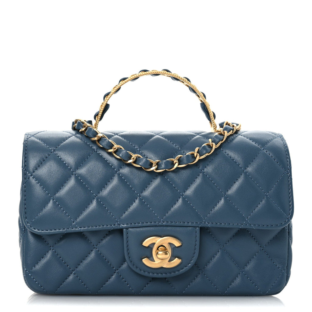 Lambskin Quilted Mini Metal Top Handle Rectangular Flap Blue