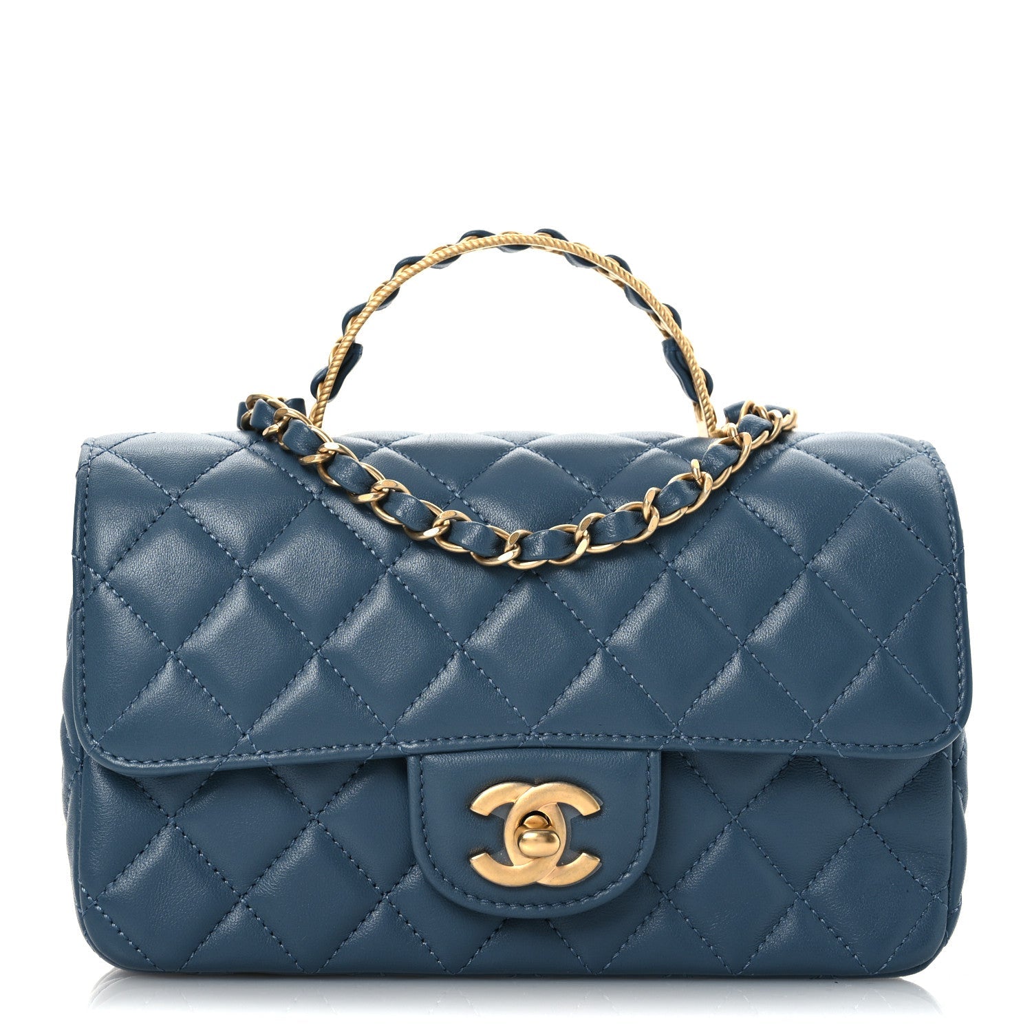 Lambskin Quilted Mini Metal Top Handle Rectangular Flap Blue