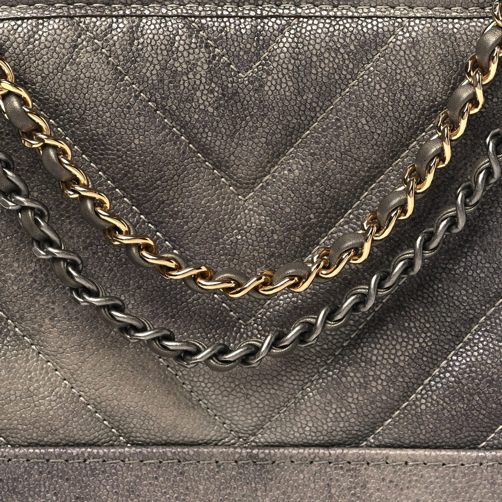 Metallic Caviar Chevron Quilted Small Gabrielle Hobo Light Silver Gold