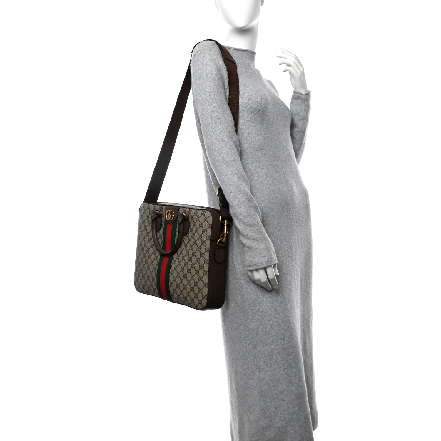 GG Supreme Monogram Textured Calfskin Web Medium Ophidia Briefcase Beige Ebony New Acero