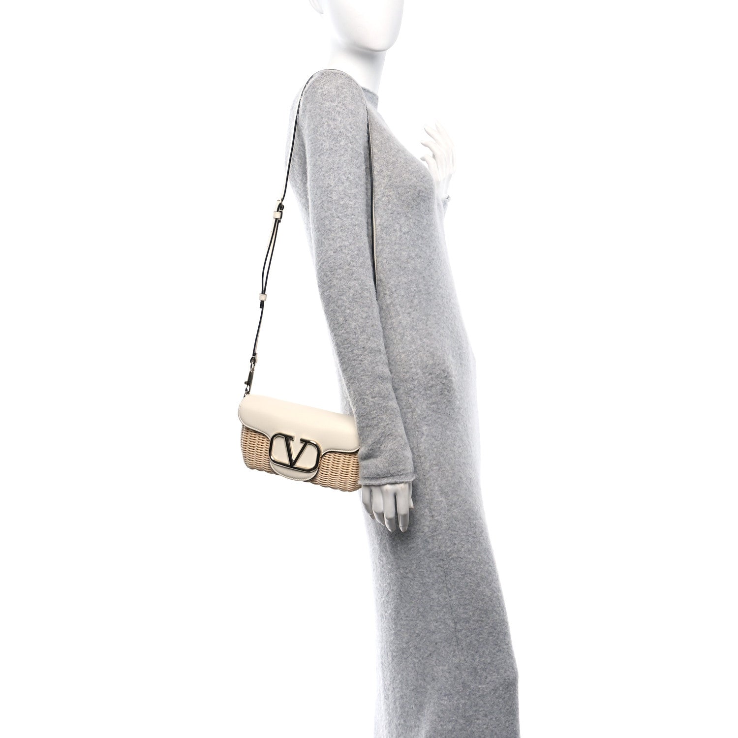 Wicker Calfskin Vlogo Small Loco Shoulder Bag Natural Ivory