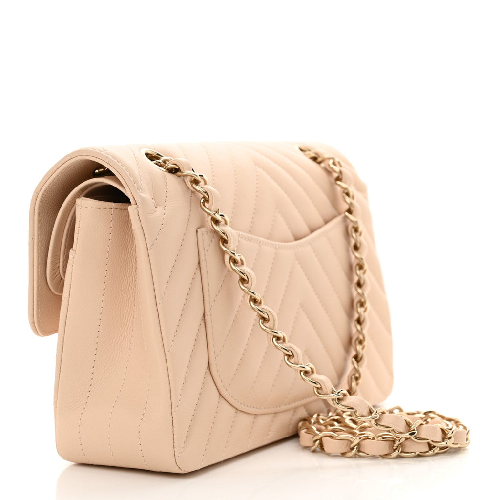 Caviar Chevron Quilted Small Double Flap Beige