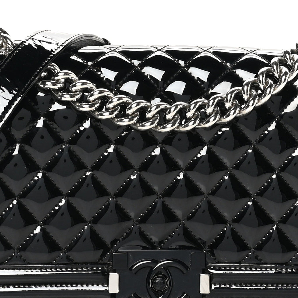 Patent Calfskin Quilted Medium Plexiglass Boy Flap Black