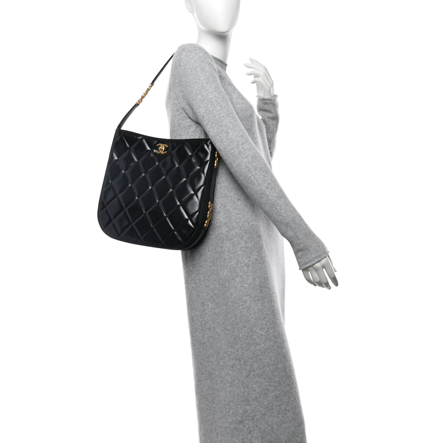 Shiny Calfskin Suede Goatskin Quilted Hobo Black