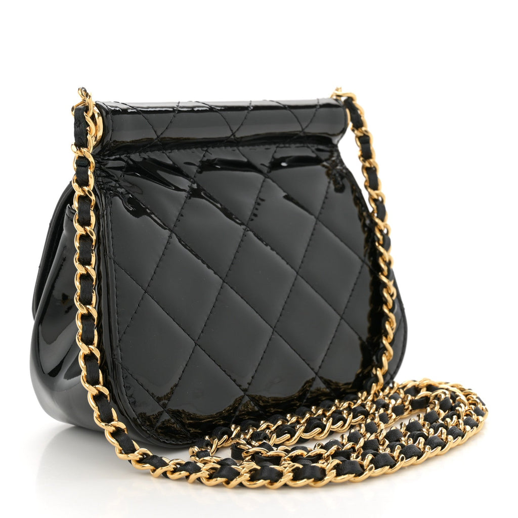 Patent Quilted Frame Clutch Flap With Chain Black