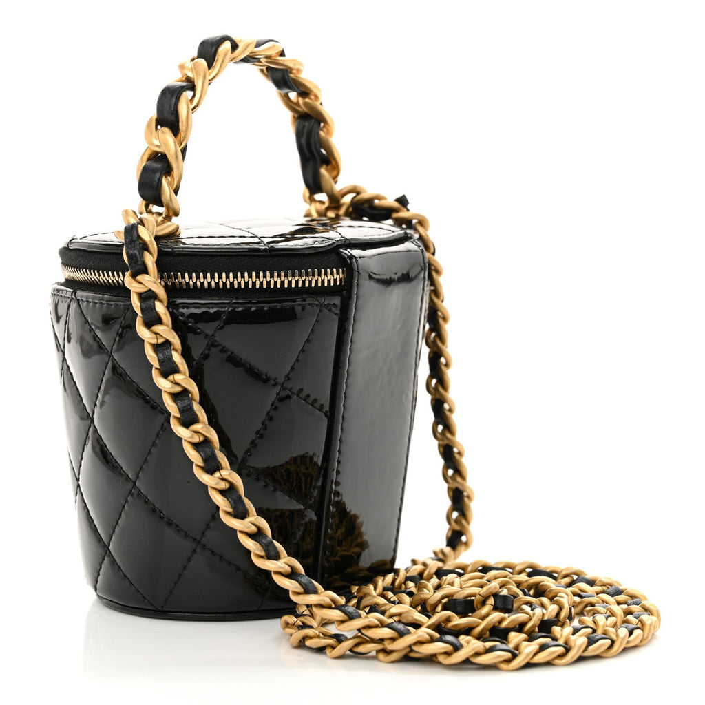 Patent Quilted Afternoon Tea Top Handle Vanity Case With Chain Black