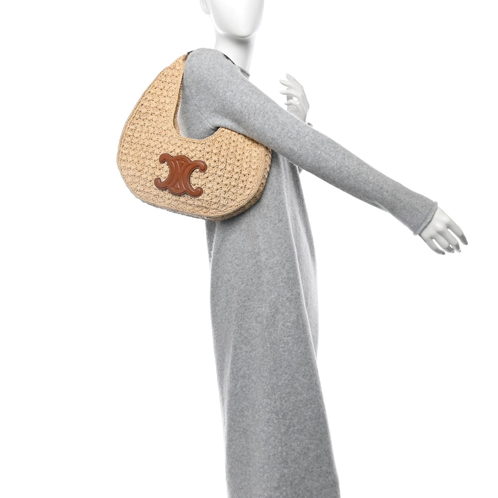 Raffia Calfskin Triomphe Panier Hobo Bag Natural Tan