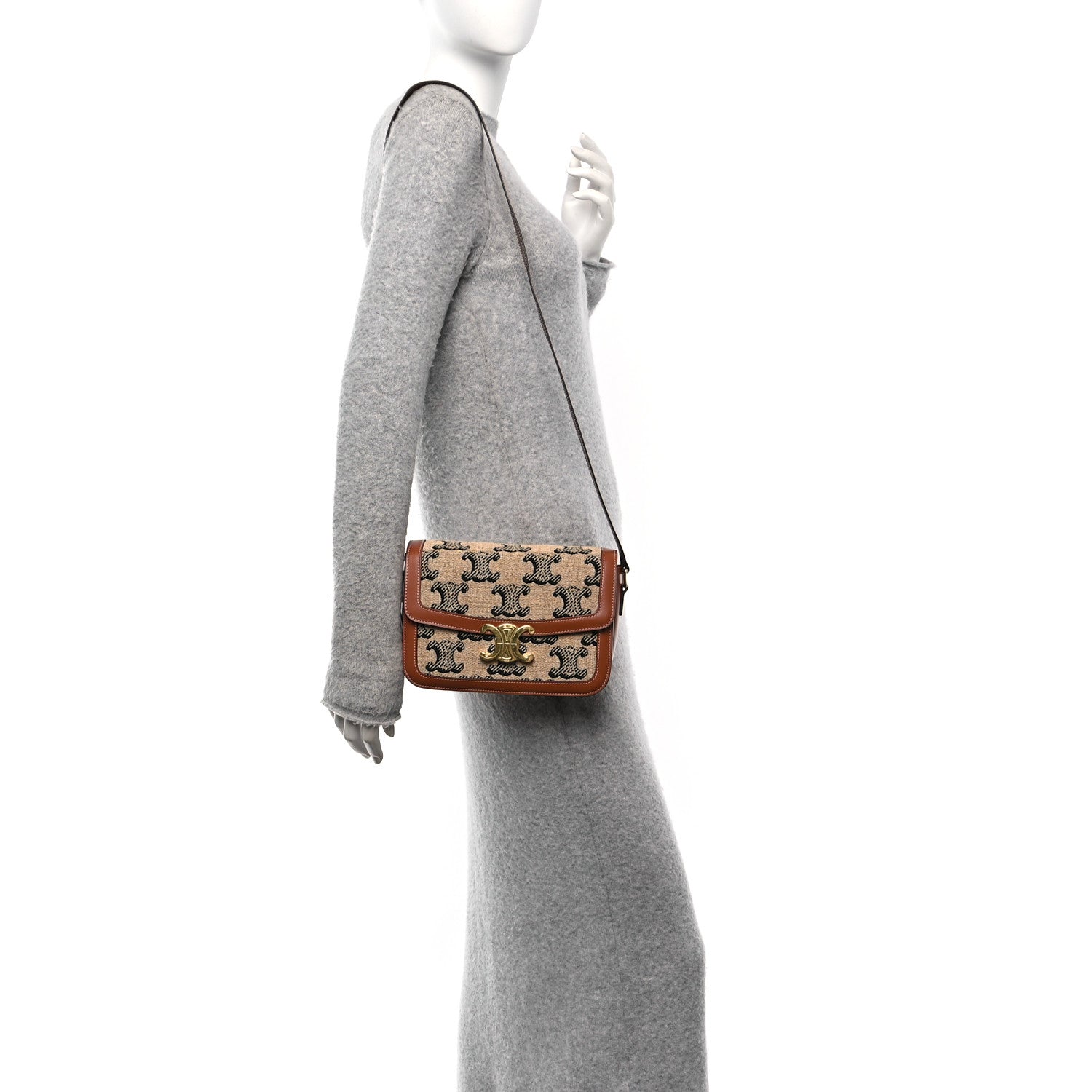 Canvas Calfskin Triomphe Embroidered Medium Triomphe Bag Tan