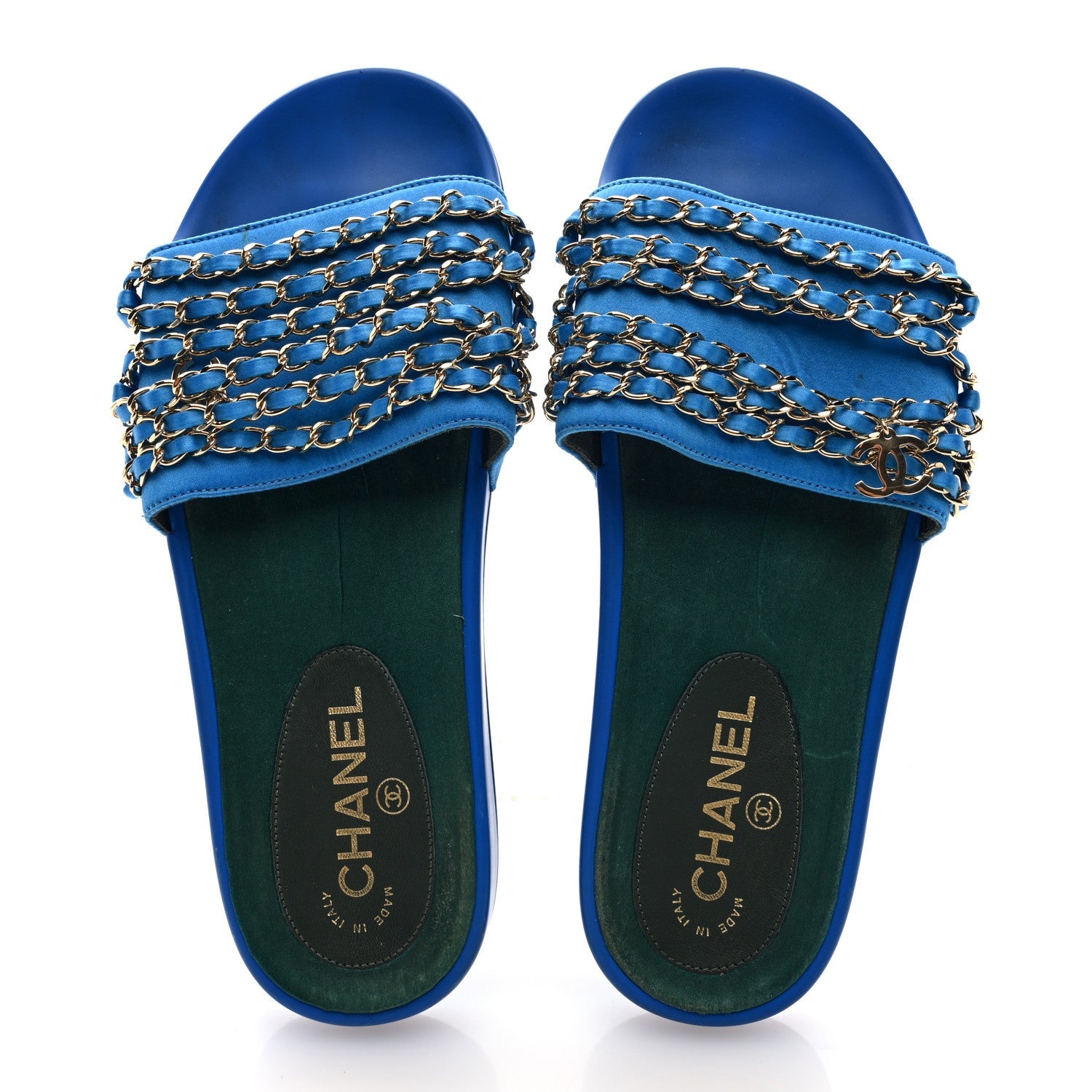 Satin Canvas Chain Slides Sandals Flats 40 Blue