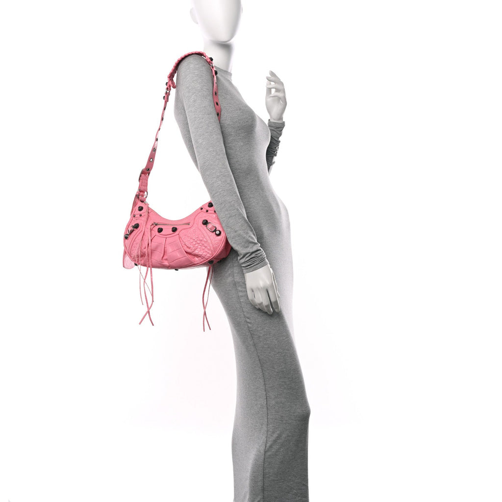 Extra Supple Calfskin Crocodile Embossed Small Le Cagole Shoulder Bag Sweet Pink