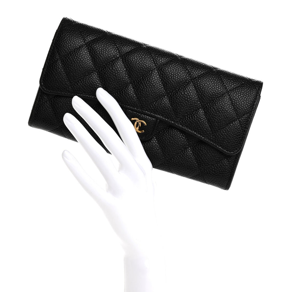 Caviar Quilted Large Gusset Flap Wallet Black