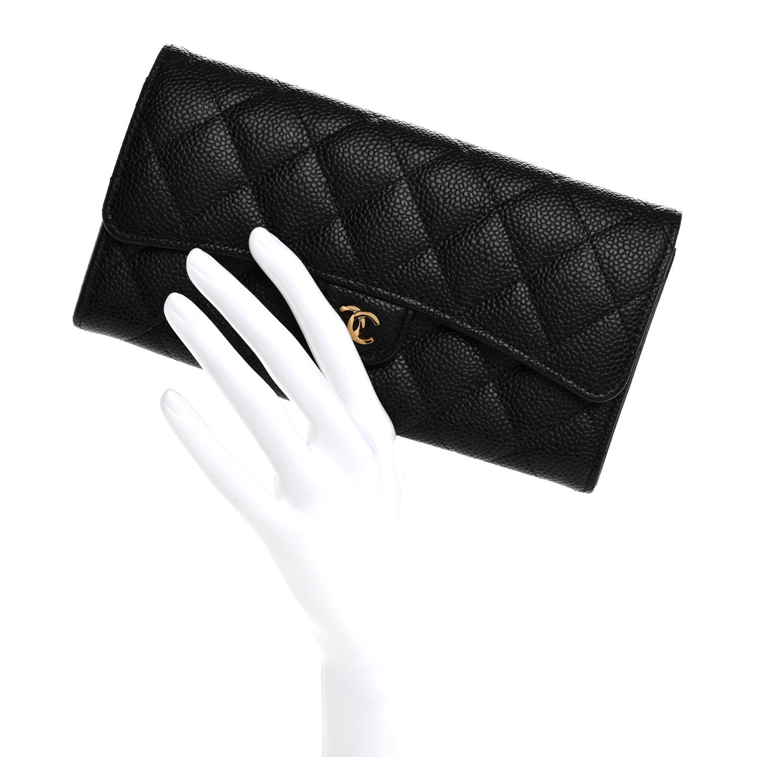 Caviar Quilted Large Gusset Flap Wallet Black
