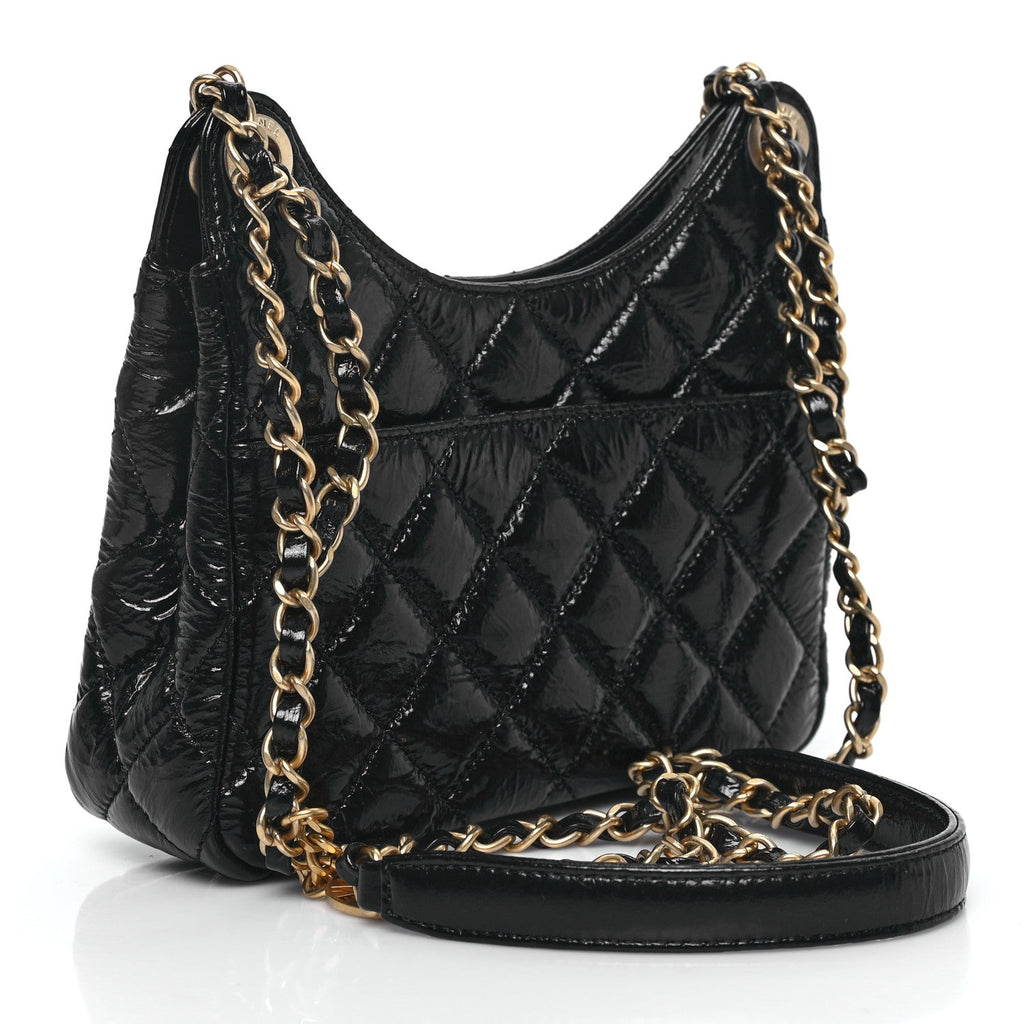 Shiny Crumpled Calfskin Quilted Small Wavy CC Hobo Black