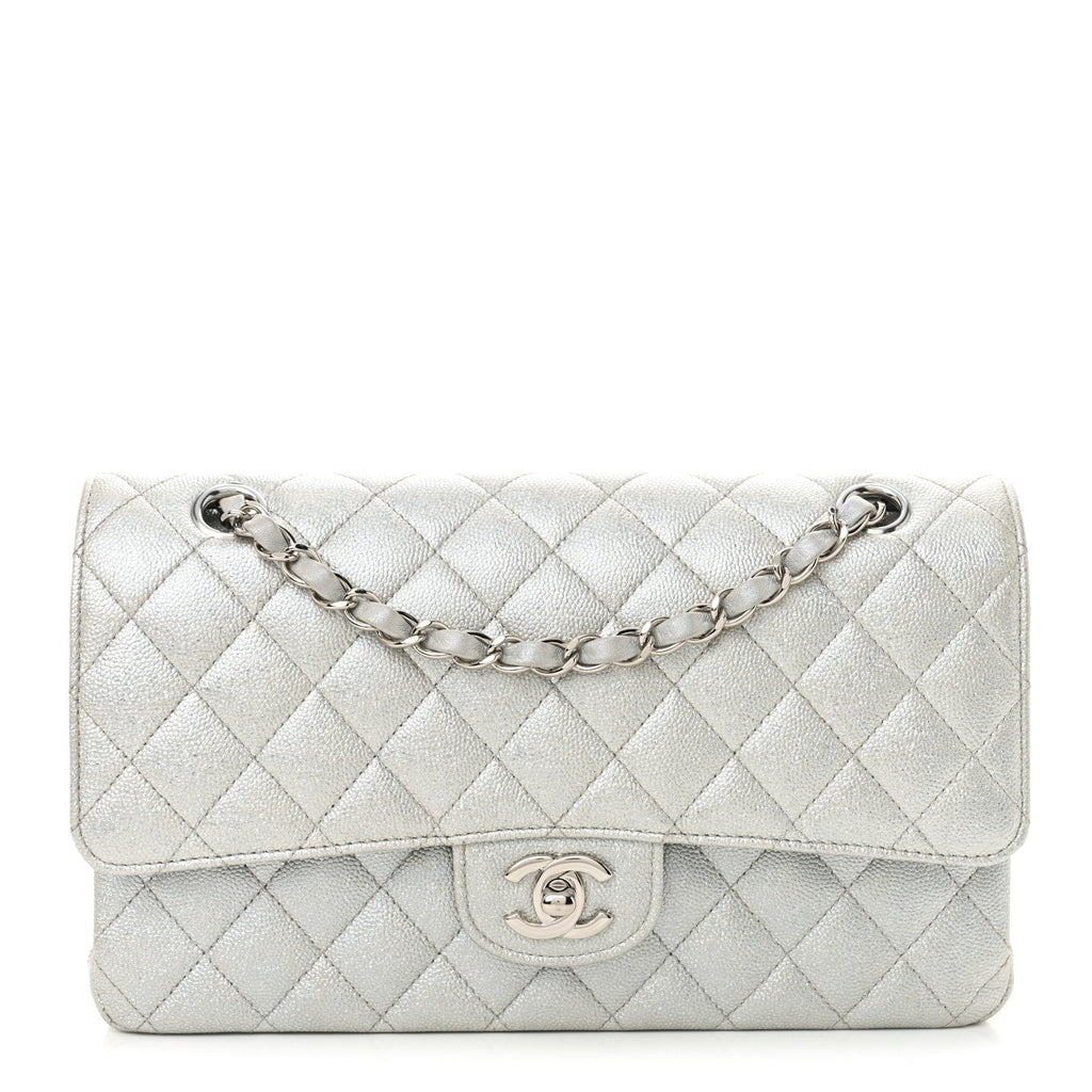 Glittered Metallic Caviar Quilted Medium Double Flap Silver