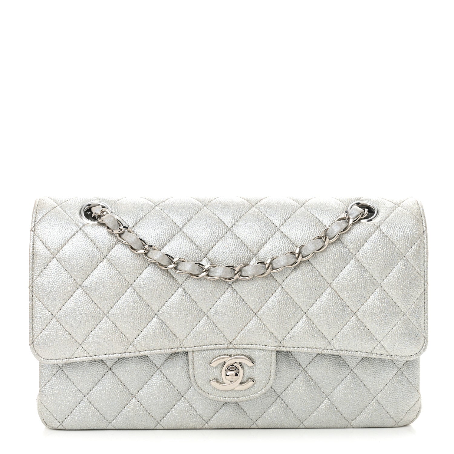 Glittered Metallic Caviar Quilted Medium Double Flap Silver