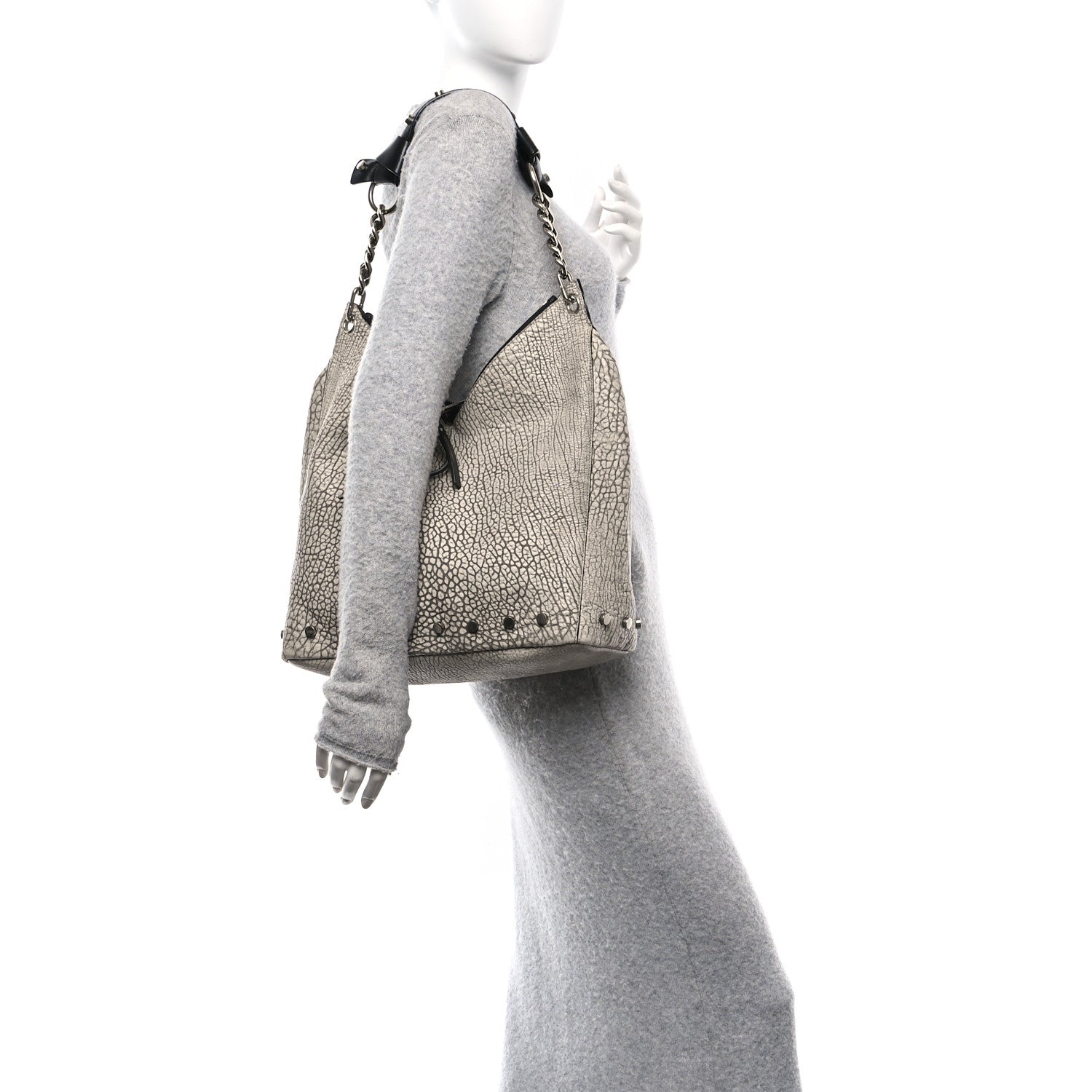 Washed Grainy Lambskin Studded Raven Hobo White Black