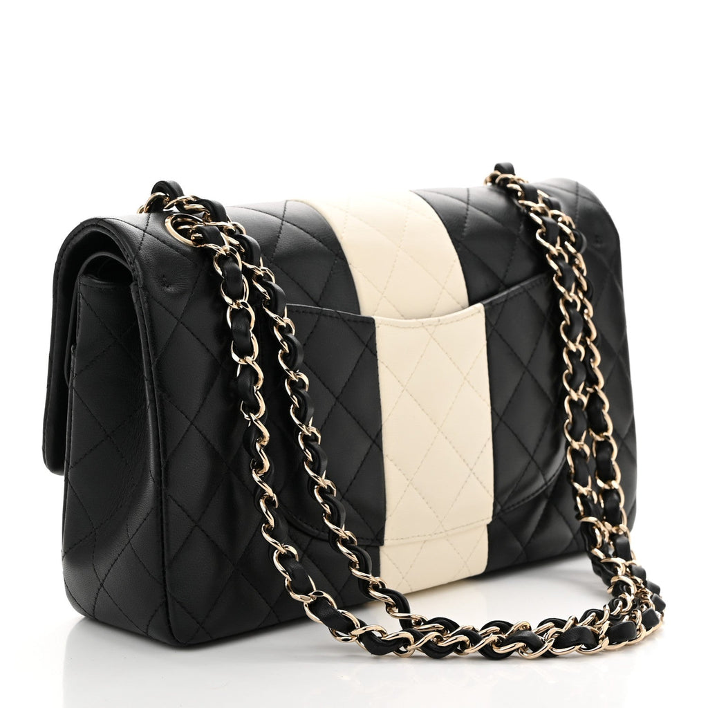 Lambskin Quilted Medium Double Flap Black White