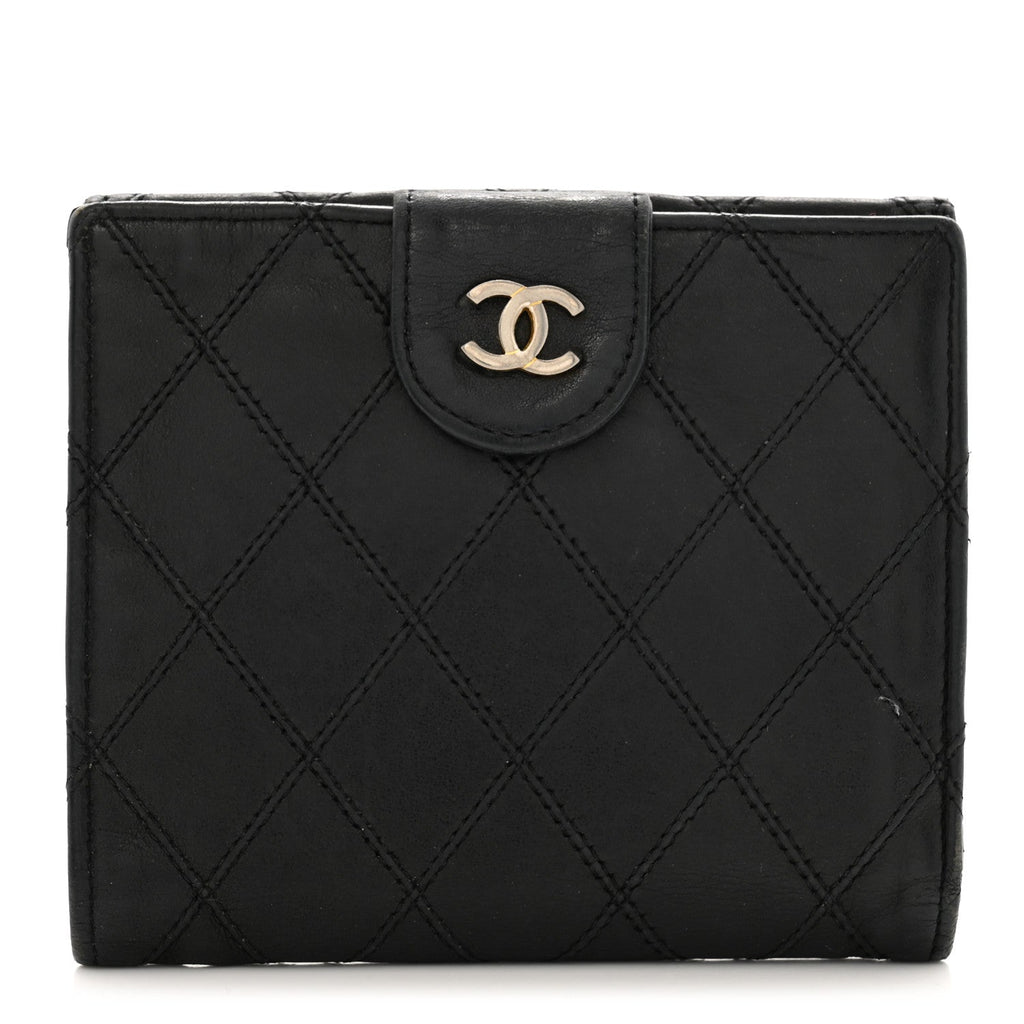 Lambskin Diamond Stitched Compact French Wallet Black