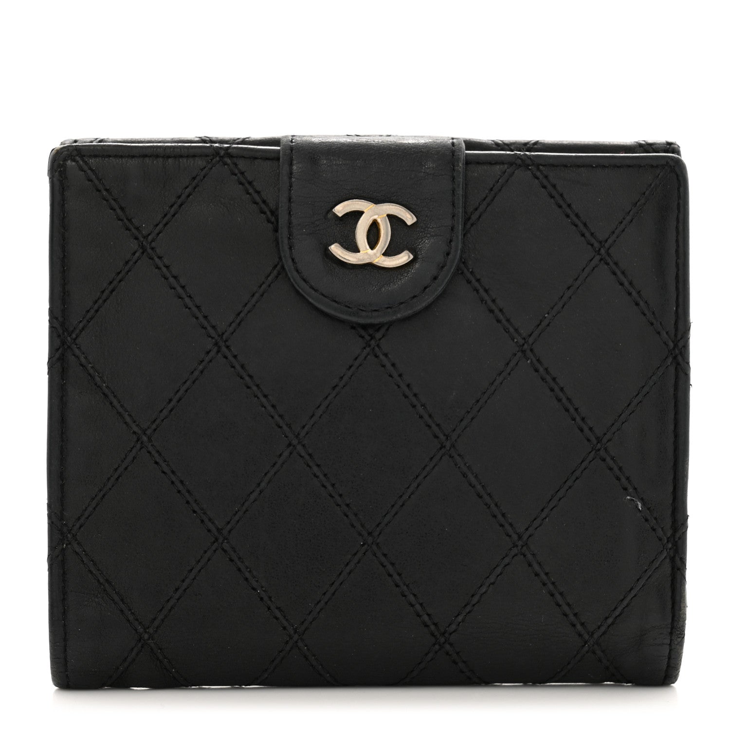 Lambskin Diamond Stitched Compact French Wallet Black