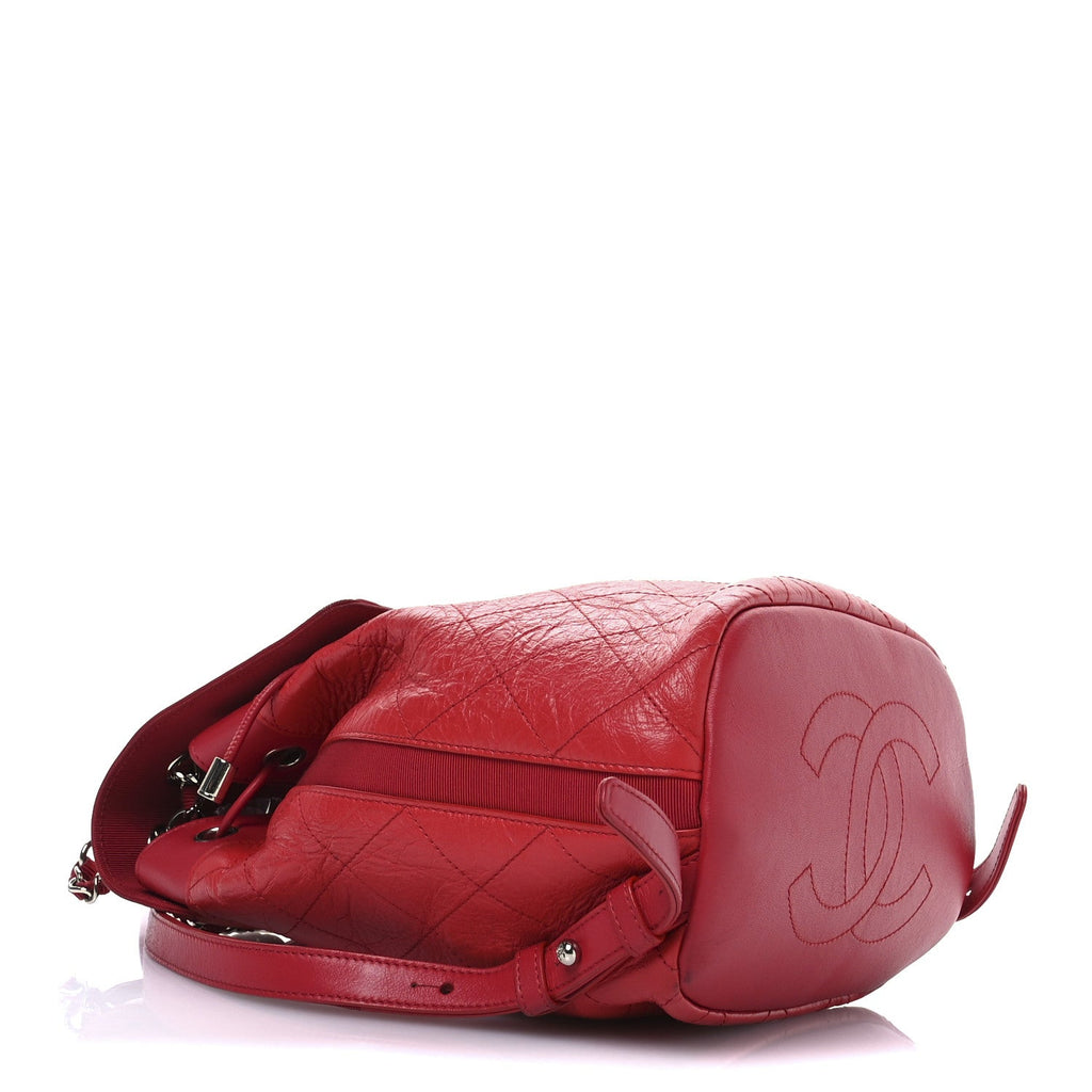 Crumpled Grained Calfskin Quilted Backpack Red