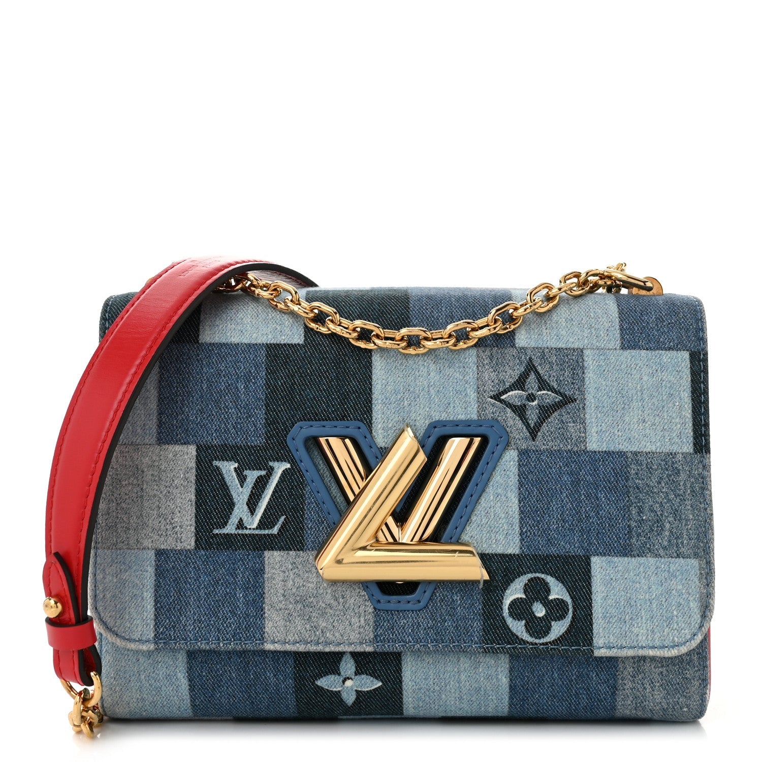 Denim Damier Monogram Twist Shoulder Bag MM Blue Rouge