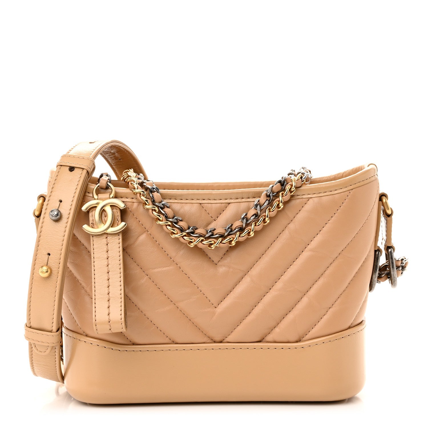 Aged Calfskin Chevron Quilted Small Gabrielle Hobo Beige