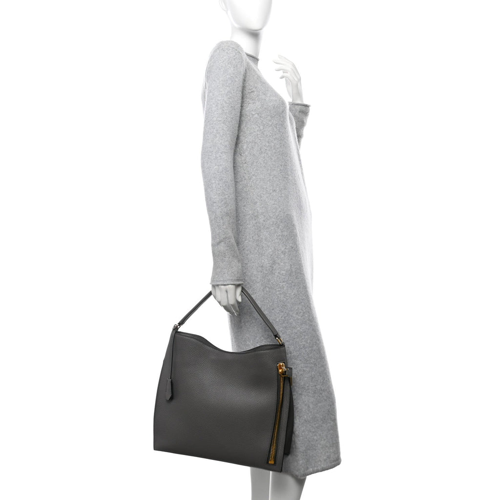 Pebbled Calfskin Small Alix Padlock Zip Hobo Bag Grey