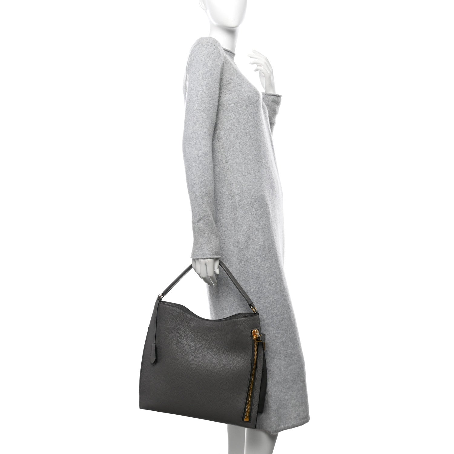 Pebbled Calfskin Small Alix Padlock Zip Hobo Bag Grey