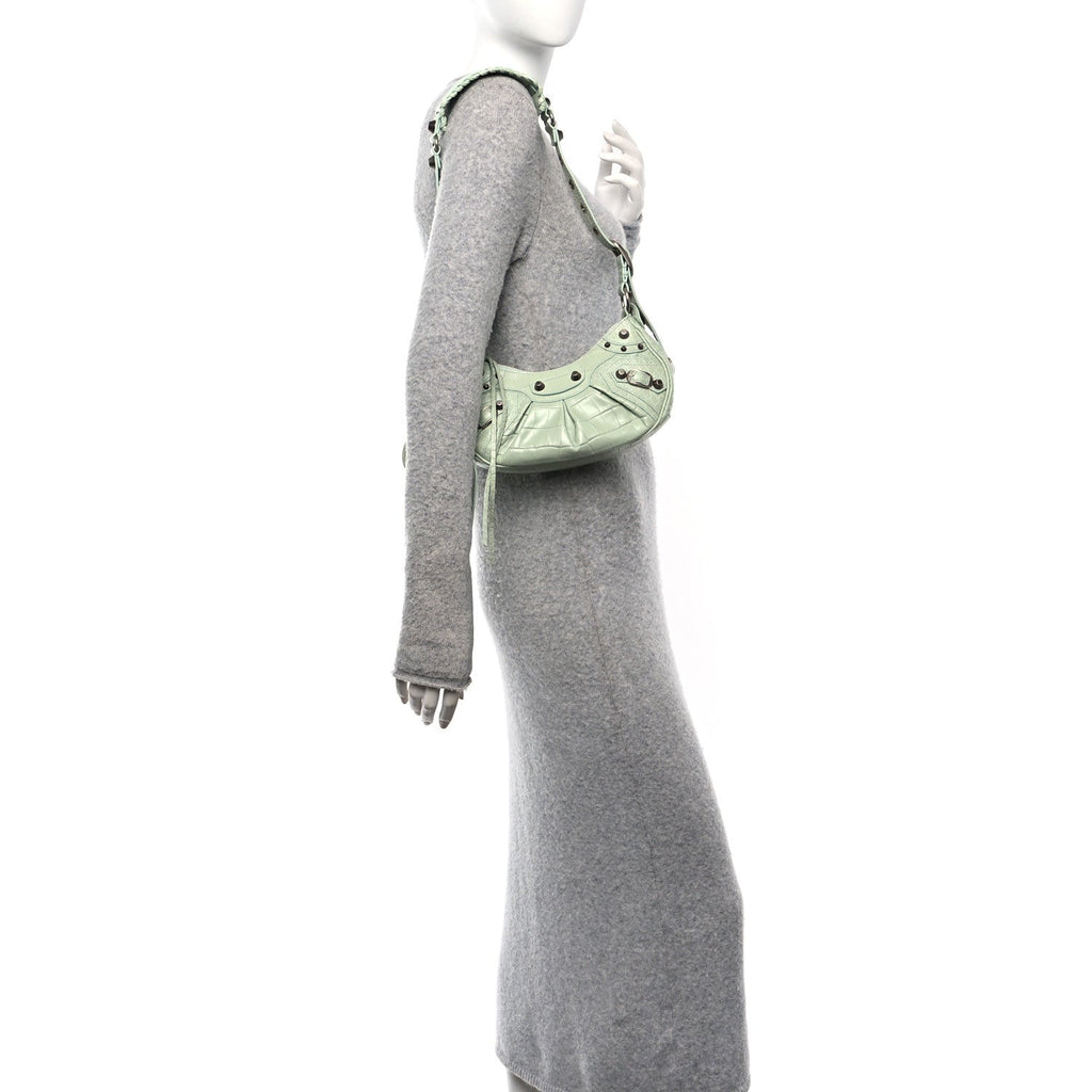 Extra Supple Calfskin Crocodile Embossed Le Cagole Shoulder Bag XS Light Green