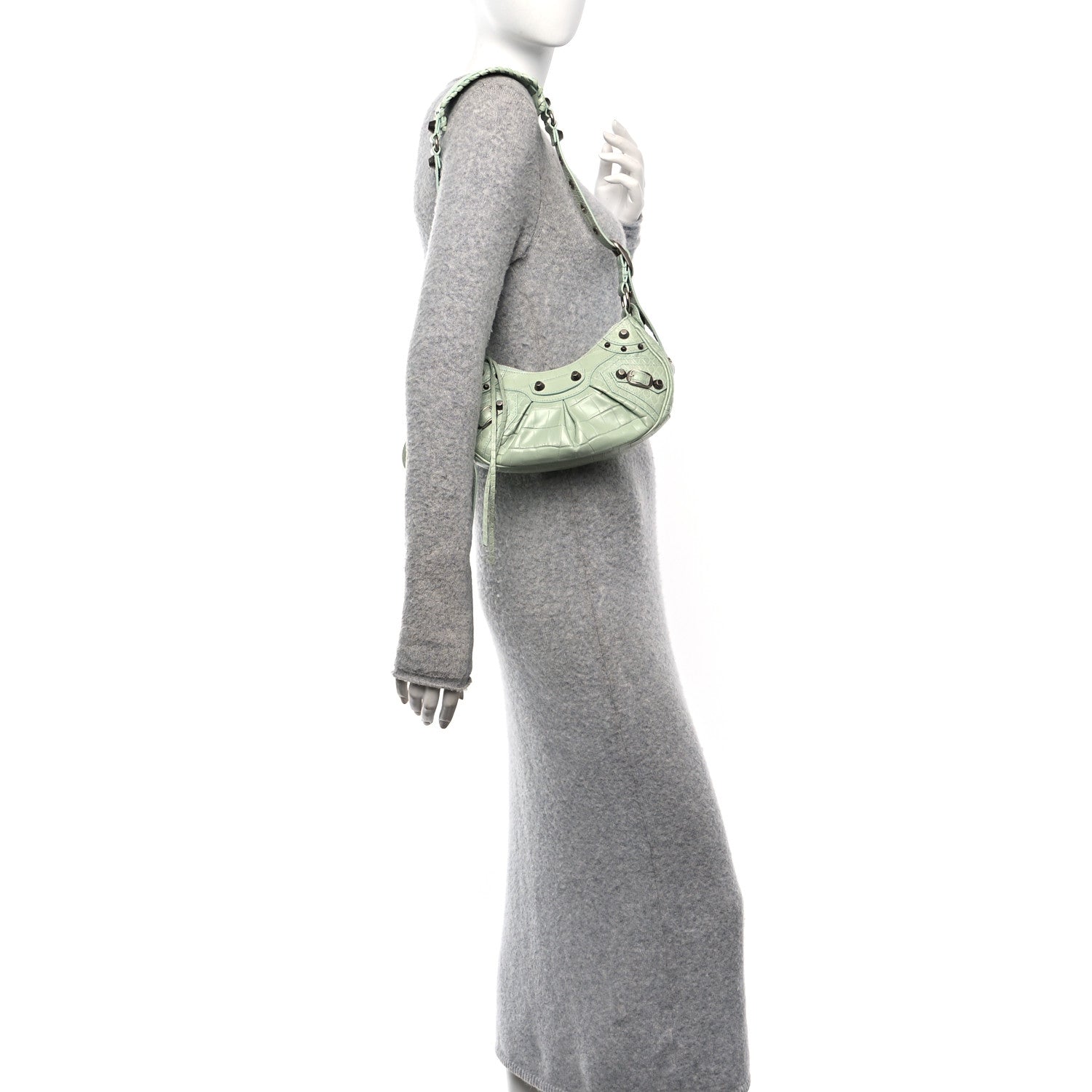 Extra Supple Calfskin Crocodile Embossed Le Cagole Shoulder Bag XS Light Green