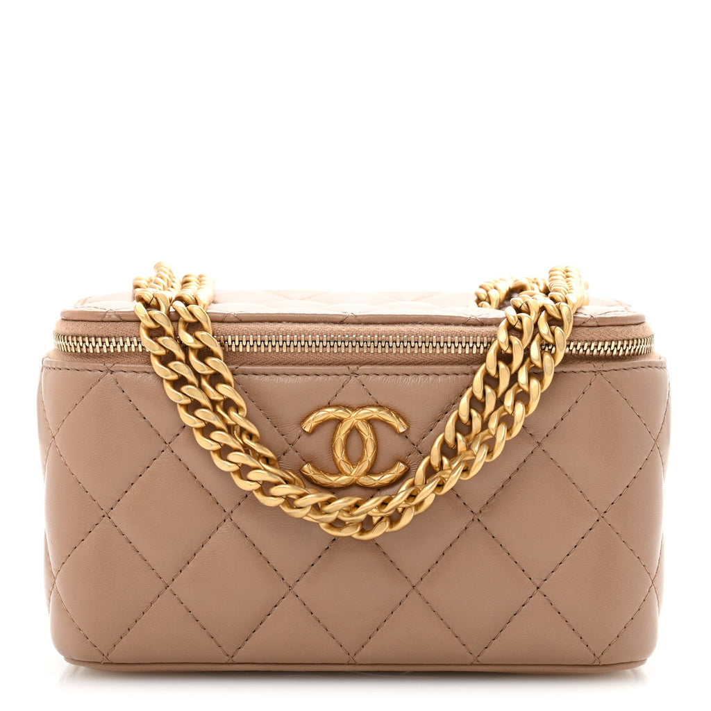Lambskin Quilted Small Pillow Crush Vanity Case With Chain Beige