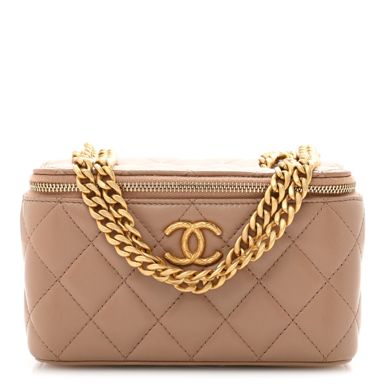 Lambskin Quilted Small Pillow Crush Vanity Case With Chain Beige
