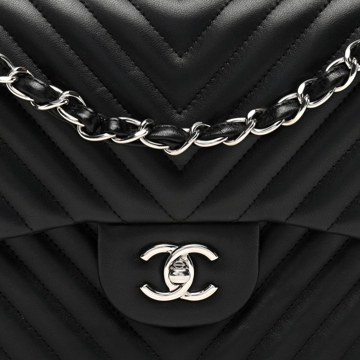 Lambskin Chevron Quilted Jumbo Double Flap Black