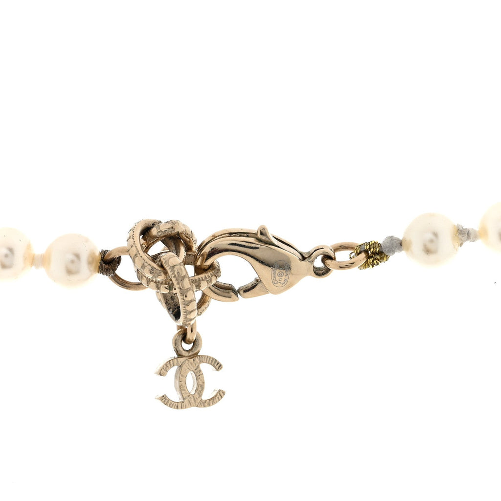 Baguette Crystal Pearl CC Long Necklace Gold