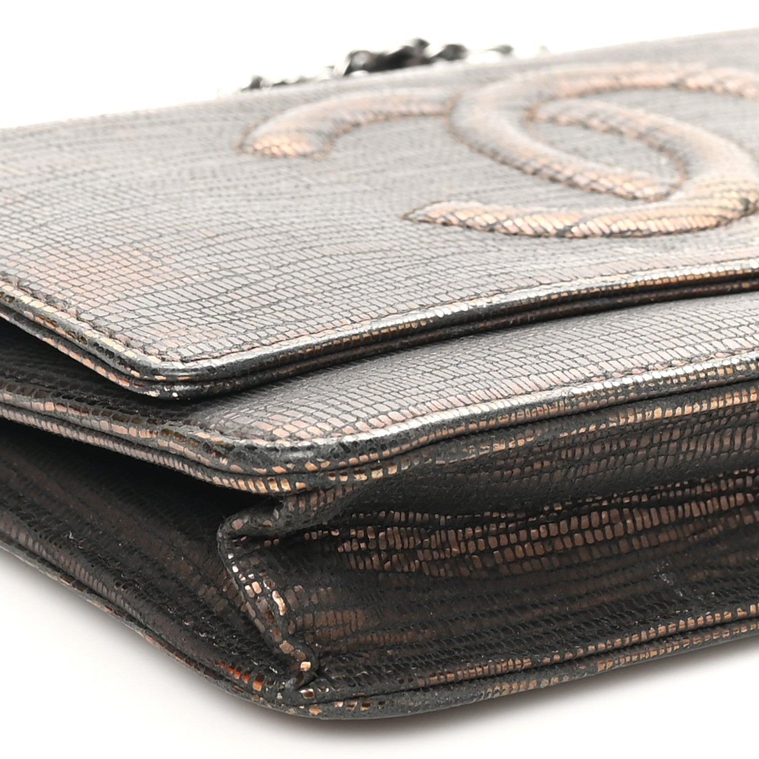 Iridescent Lizard Embossed Timeless CC Wallet on Chain WOC Brown